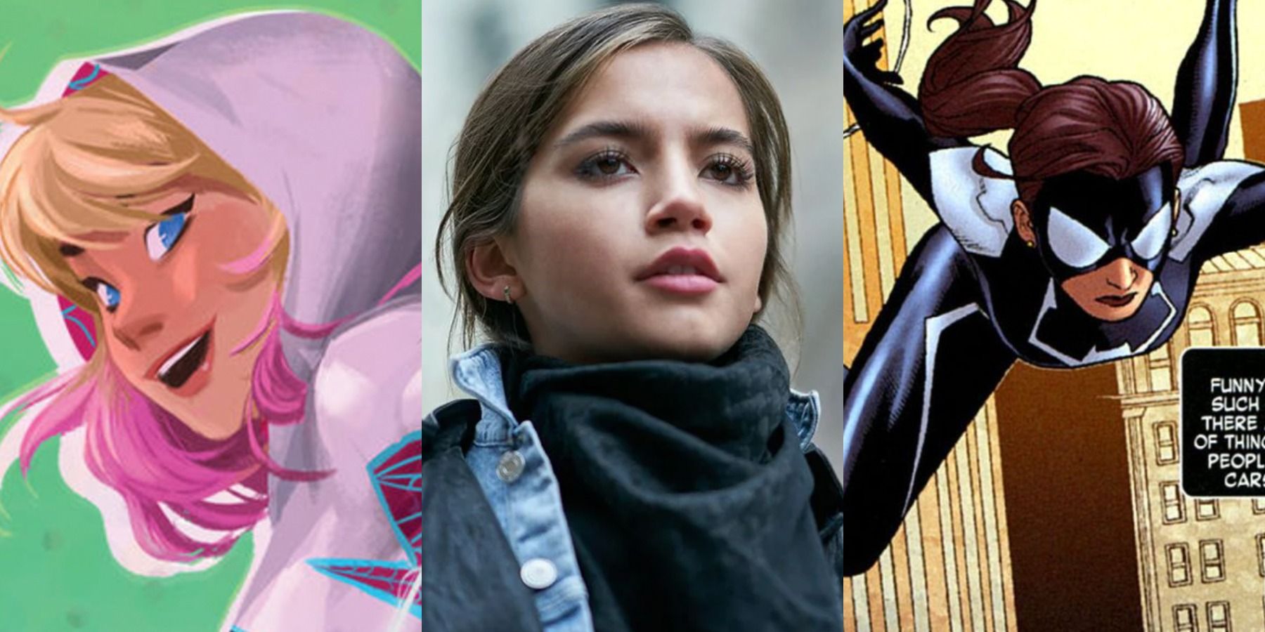 A split image features Marvel comics' Gwen Stacy, Isabela Merced in Sweet Girl, and Marvel comics' Anya Corazon
