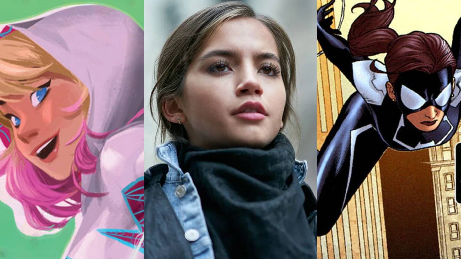 A split image features Marvel comics' Gwen Stacy, Isabela Merced in Sweet Girl, and Marvel comics' Anya Corazon