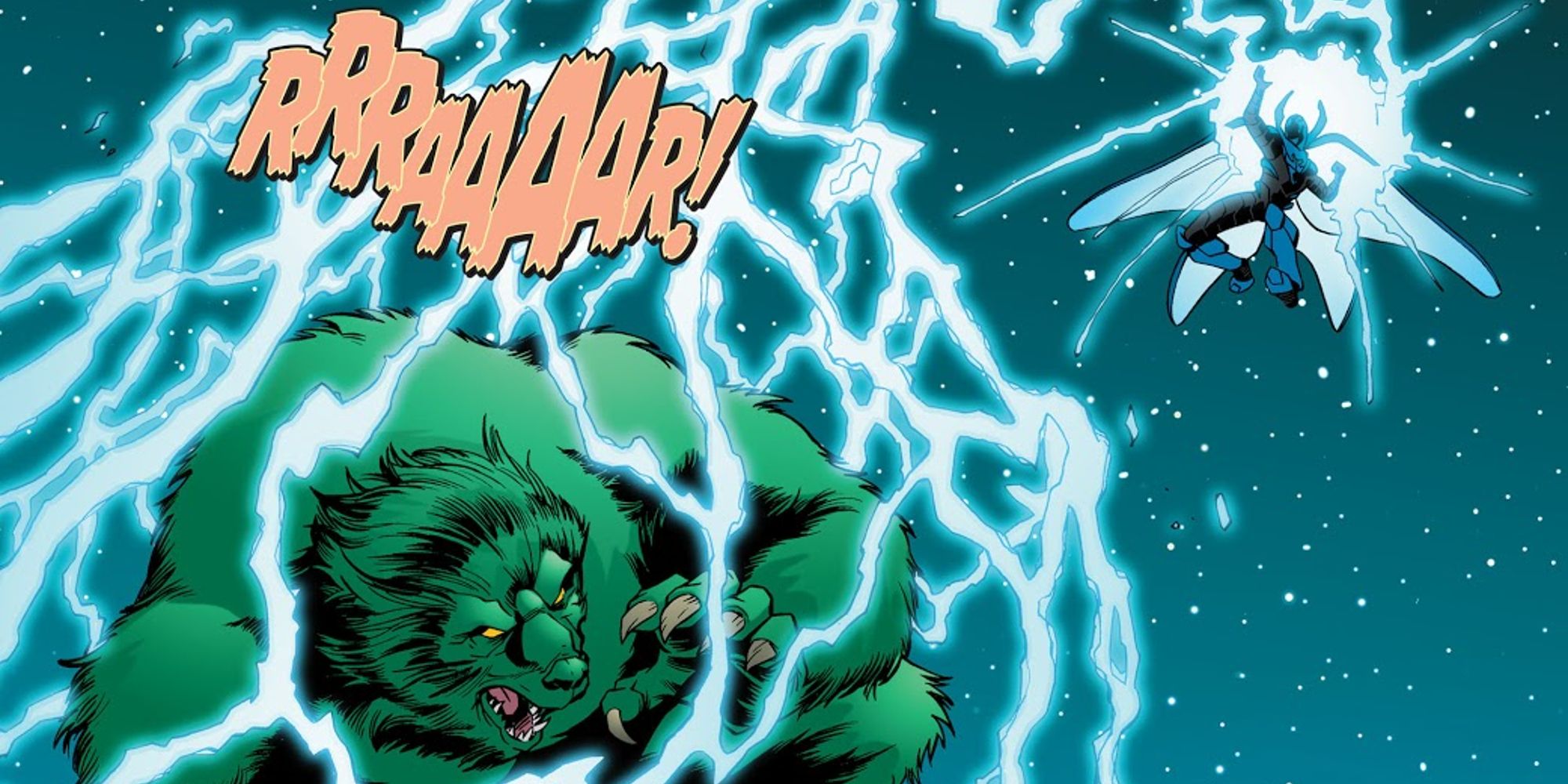 Jaime Reyes shocking a green werewolf with electricity in Blue Beetle #28