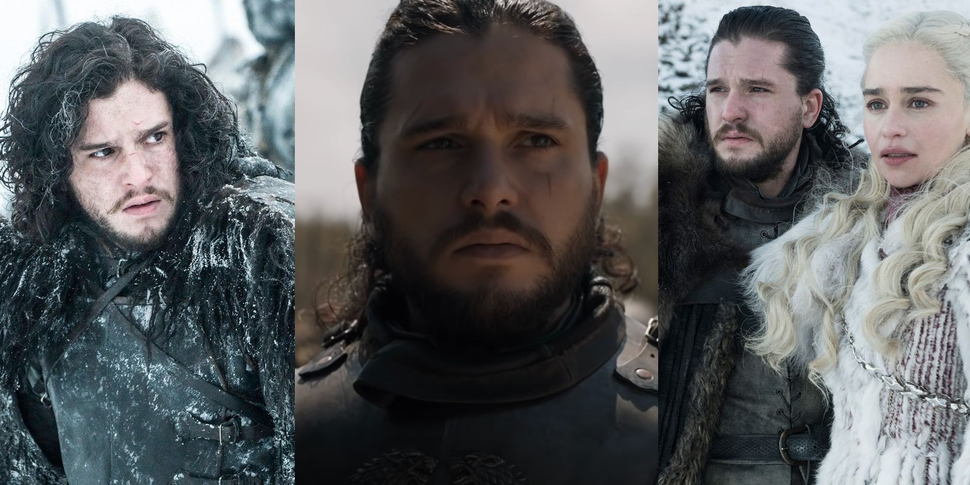 Jon Snow in his Night's Watch outfit; Jon Snow at the gates of King's Landing; Jon standing with Daenerys in season 8