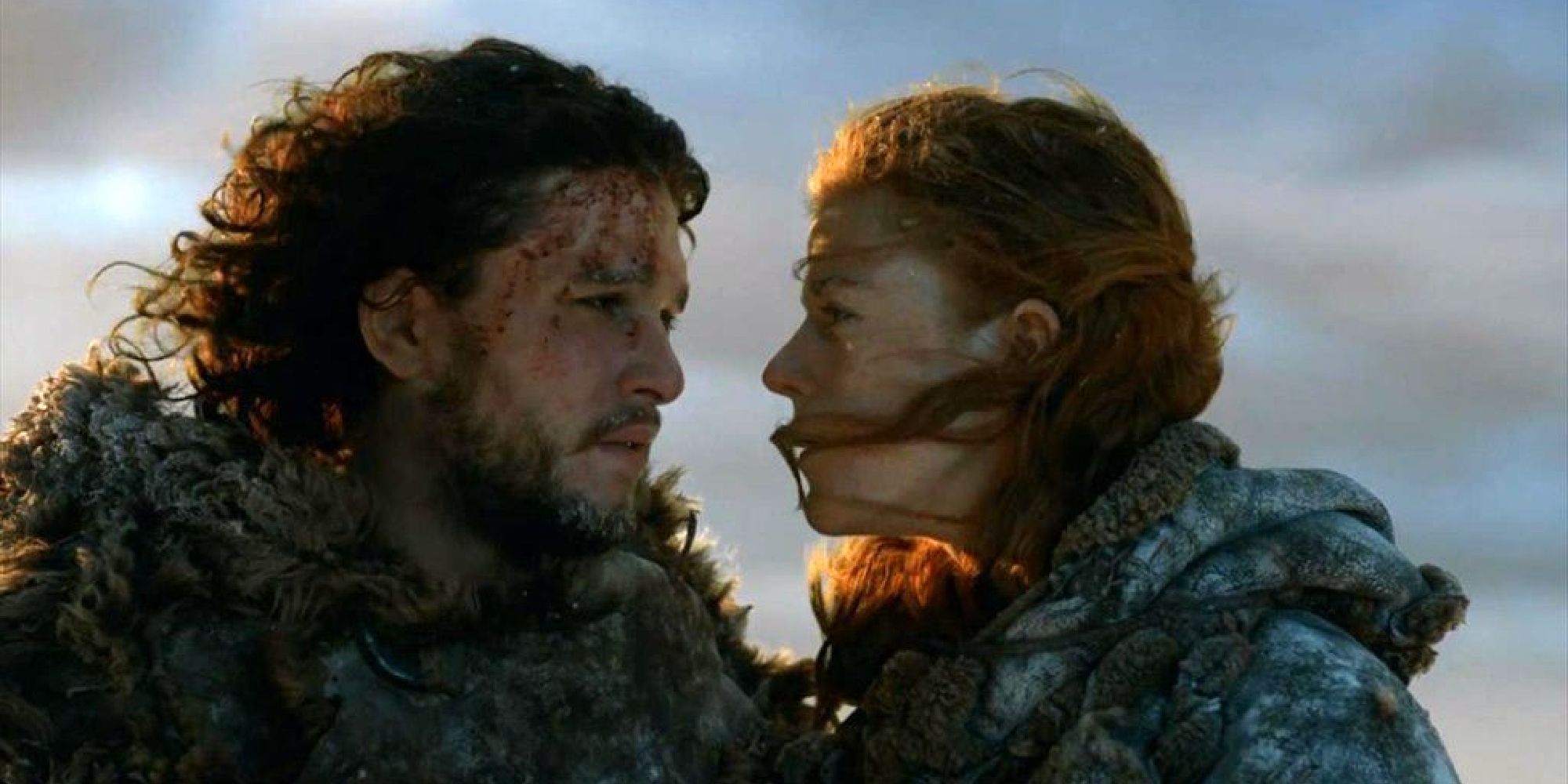 Jon staring at Ygritte after the two successfully climb the Wall
