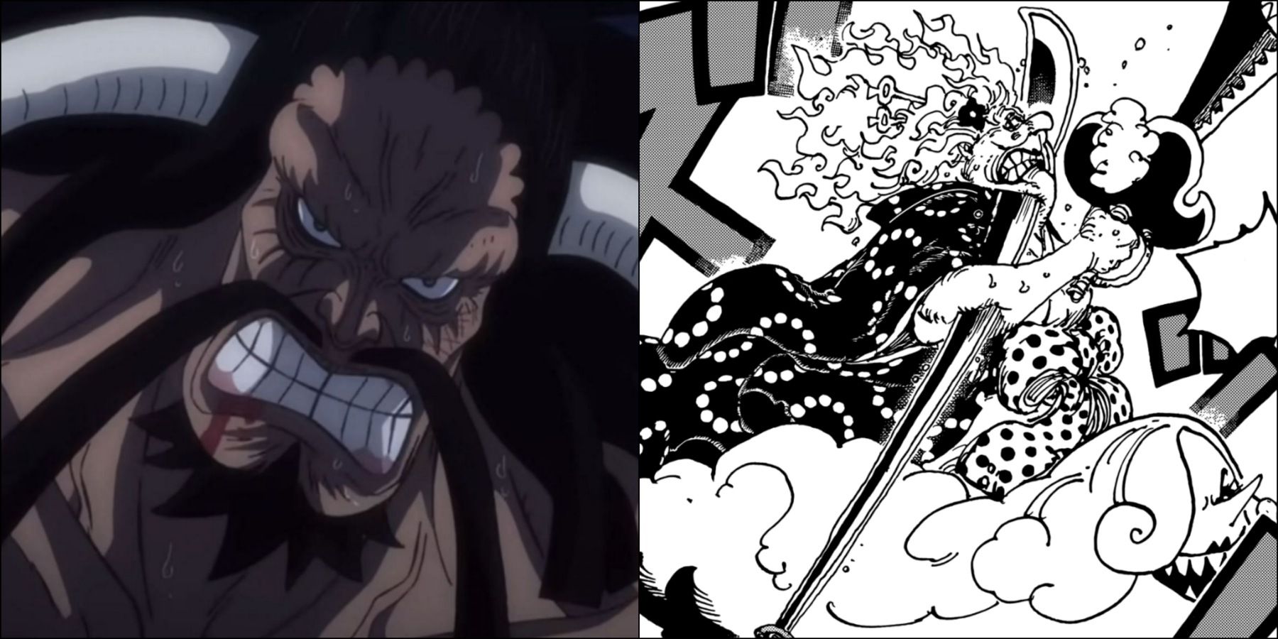 The clash battle between the two Yonkos. Big Mom vs Hybrid Kaido - One