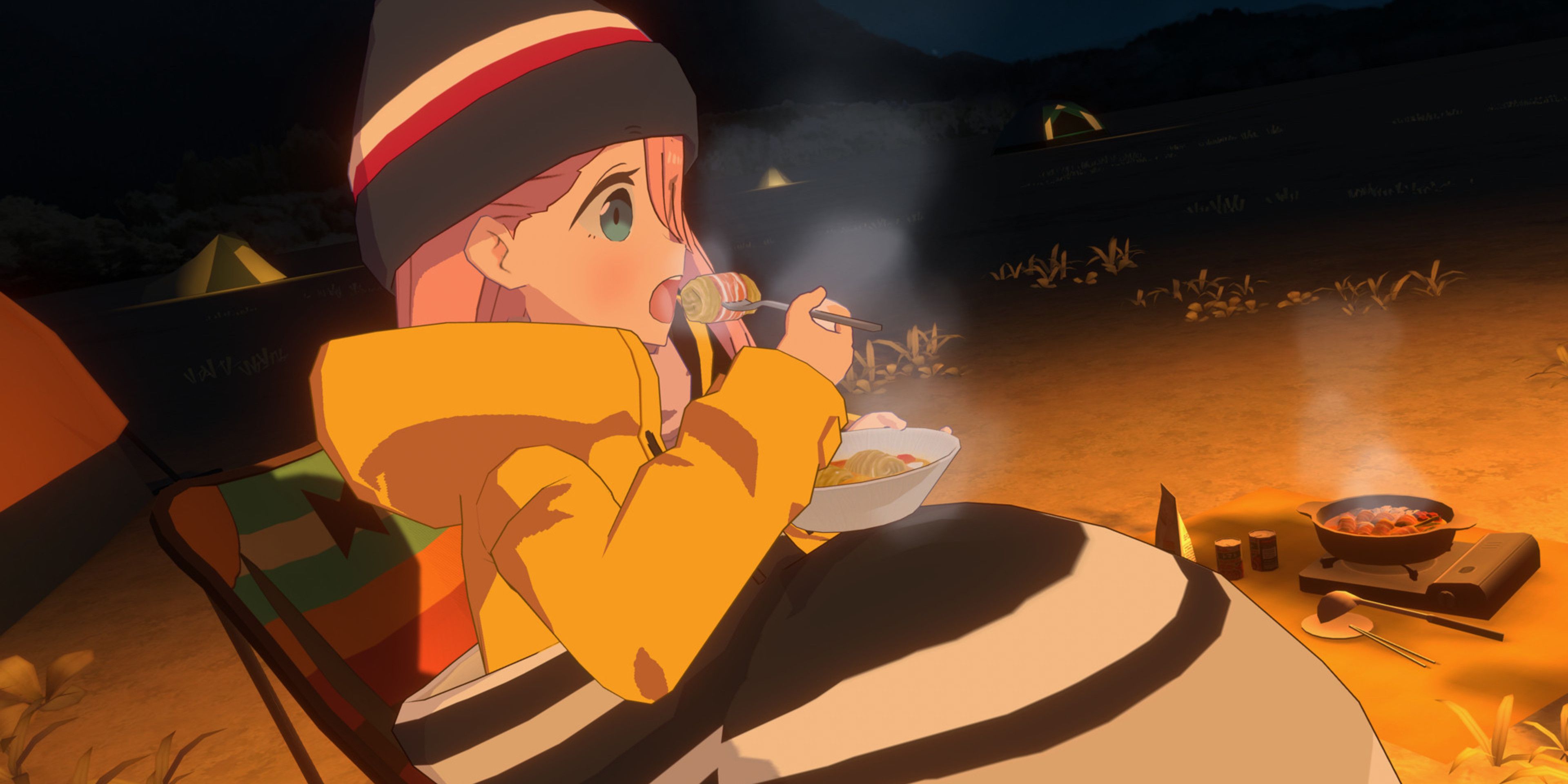 Player watching Nadeshiko eat camp food at night