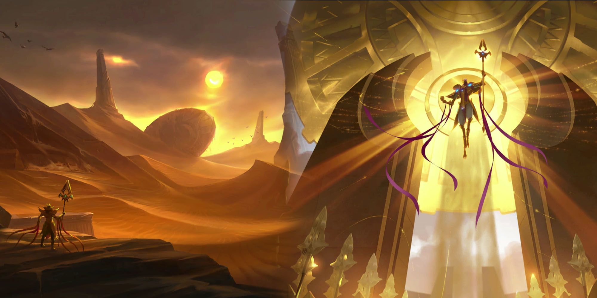 League Of Legends - Azir Looking Out A Toppled Sun Disc Next To Azir Floating Level With The Sun Disc