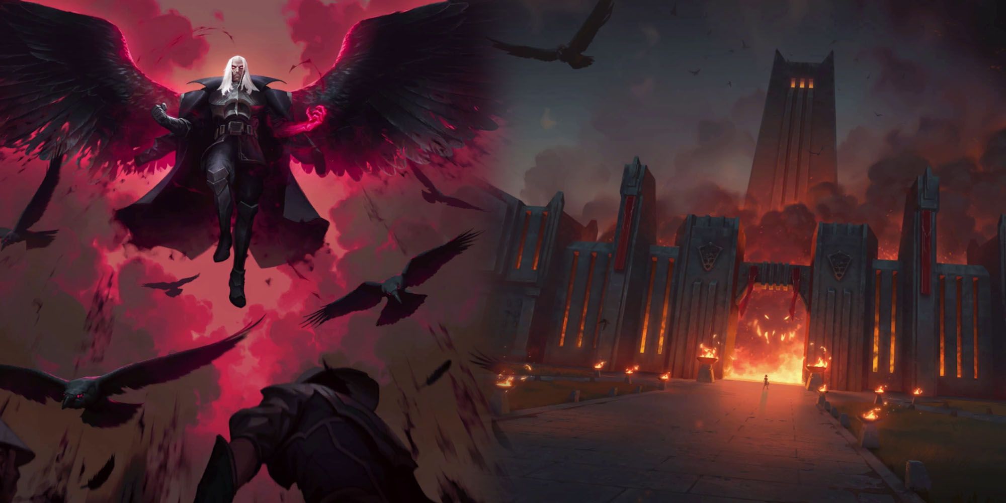 League Of Legends - Swain's Runeterra Card Art Next To Tybulk Burning Down The Academy Annies Mom Is From