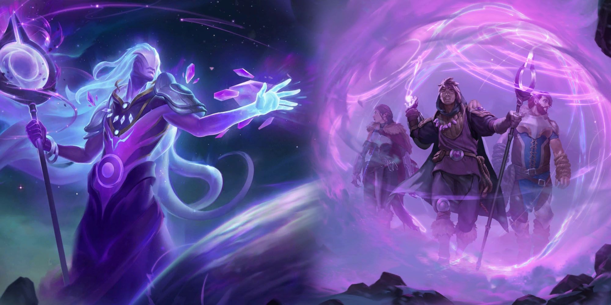 League Of Legends - Tyari the Traveler and his companions next to a depection of the Celestial Traveler