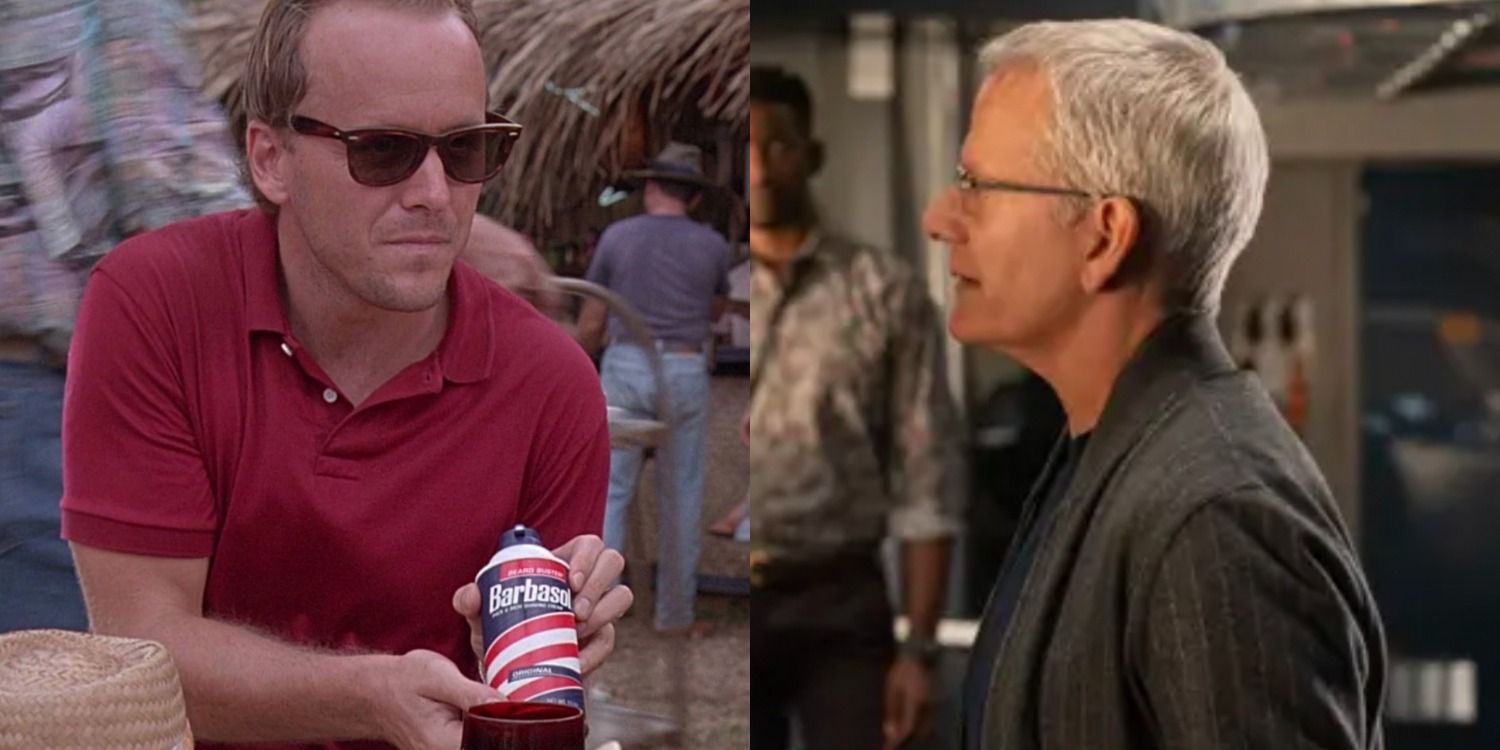 A split image features Lewis Dodgson in Jurassic Park and Jurassic World: Dominion