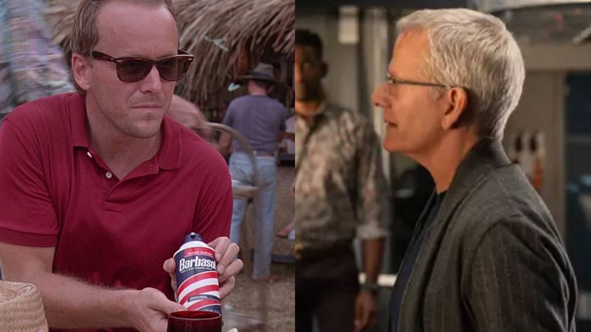 A split image features Lewis Dodgson in Jurassic Park and Jurassic World: Dominion