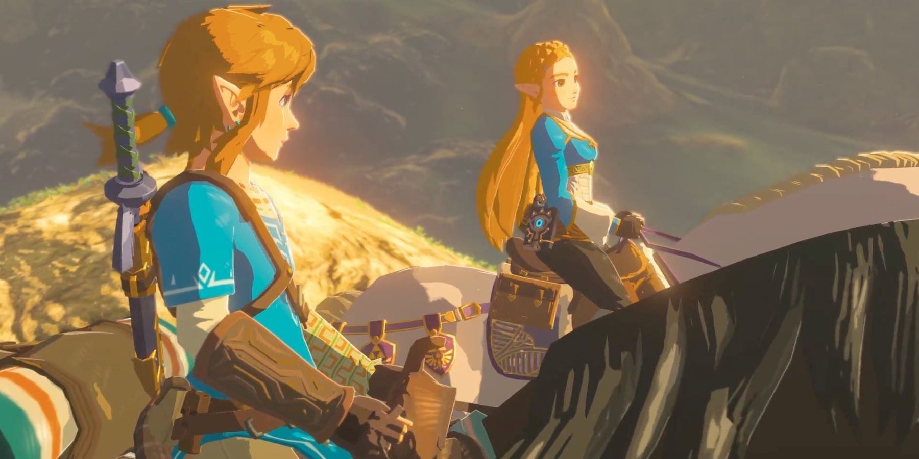 Link and Zelda riding on horseback together in a Memory from The Legend of Zelda: Breath of the Wild 2