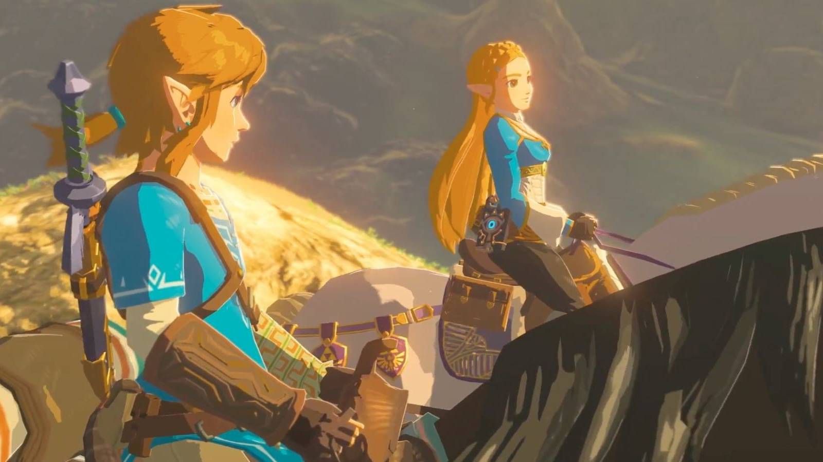 Link and Zelda riding on horseback together in a Memory from The Legend of Zelda: Breath of the Wild 2