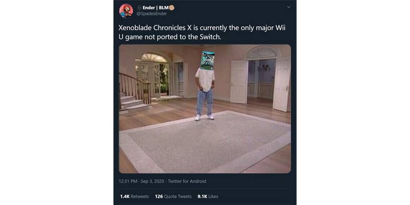 Lonely XenoBlade Chronicles X in empty living room. Top caption reads: XenoBlade Chronicles X is currently the only major Wii U game not ported to the Switch. Image source: knowyourmeme.com