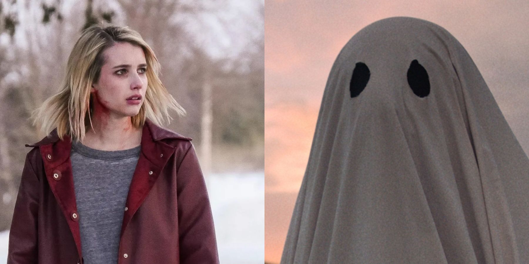 Split image of Emma Roberts in The Blackcoat's Daughter and a ghost wearing a white sheet in A Ghost Story