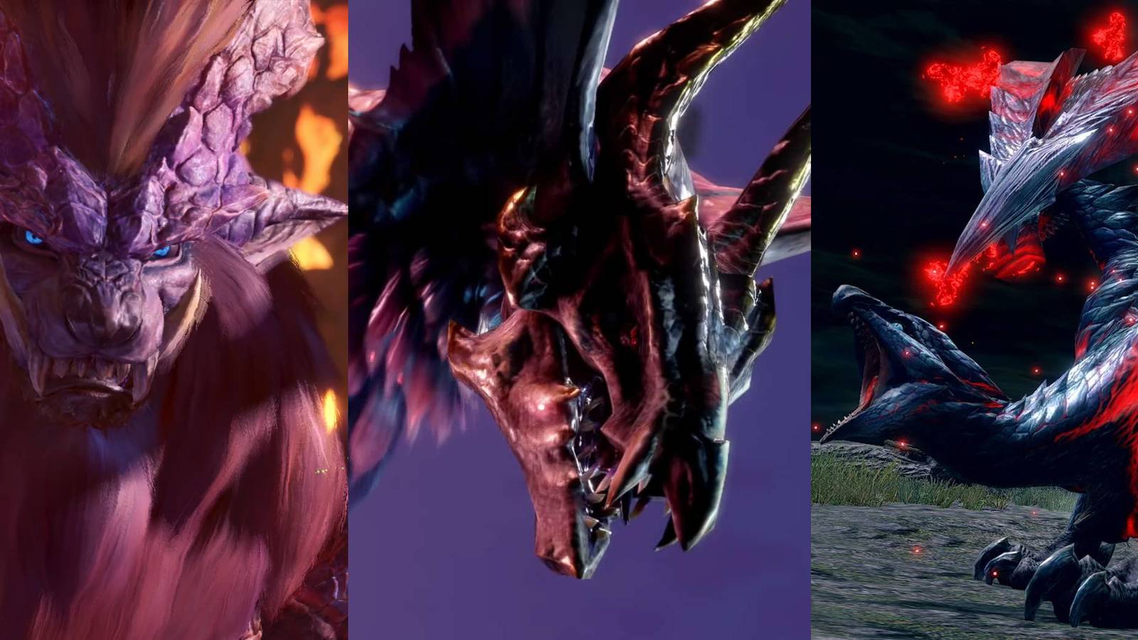left to right: Teostra in a cinematic; Malzeno; Crimson Glow Valstrax