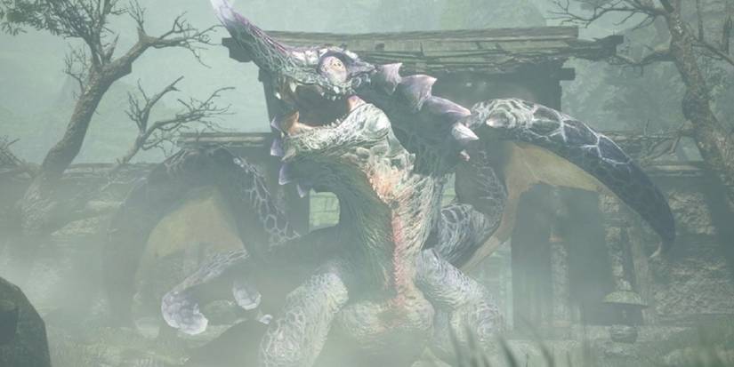 Chameleos in front of a temple in Monster Hunter Rise