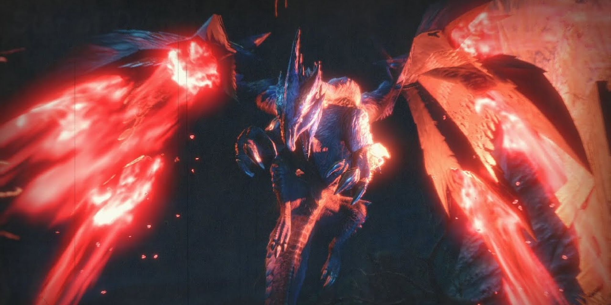 Crimson Glow Valstrax flying in the air in a cinematic from MH Rise