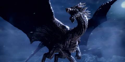 Kushala Daora flying in snowy wind in Monster Hunter Rise