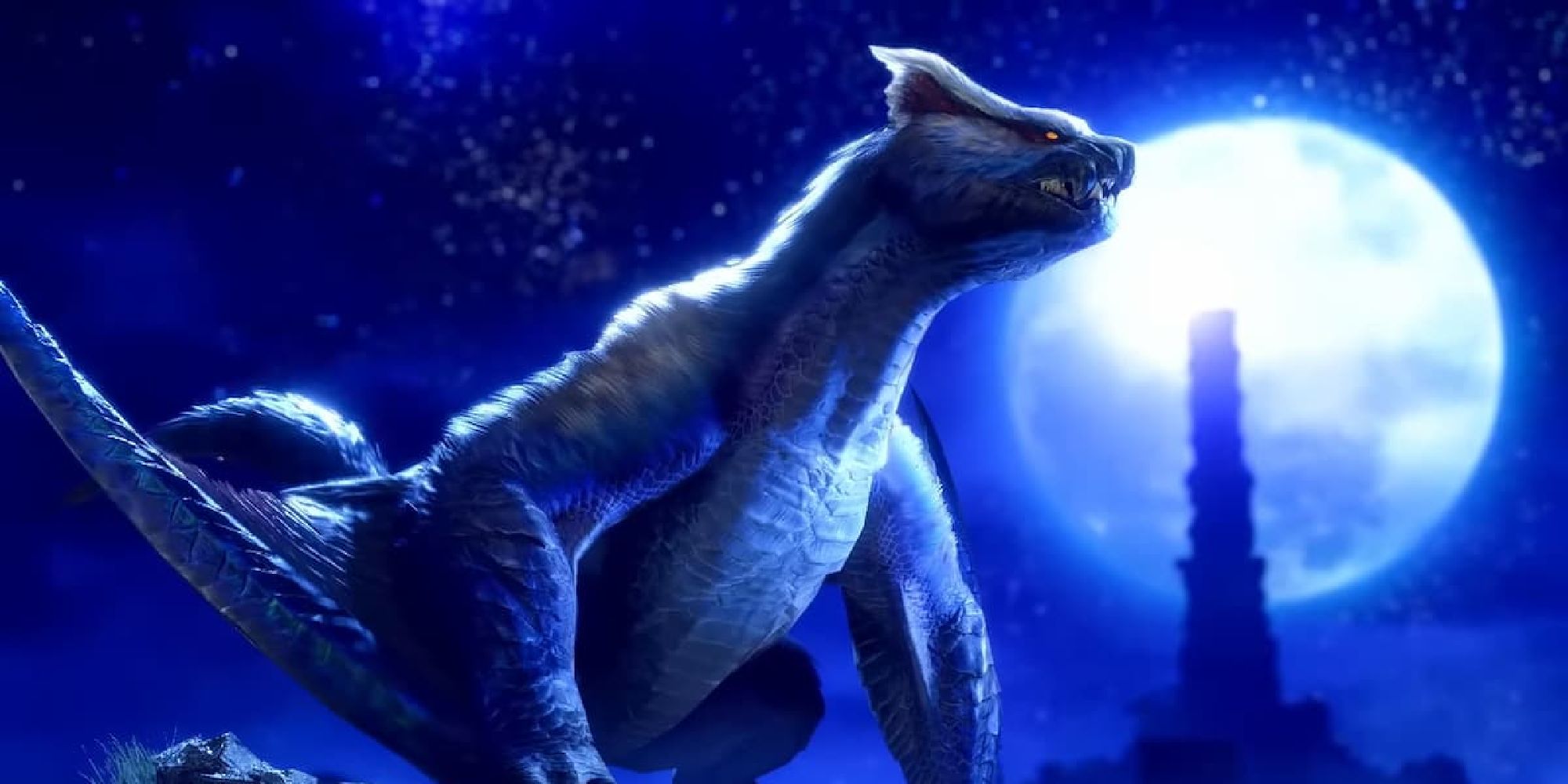 Lucent Nargacuga perched in front of a full moon in a promo image for Sunbreak