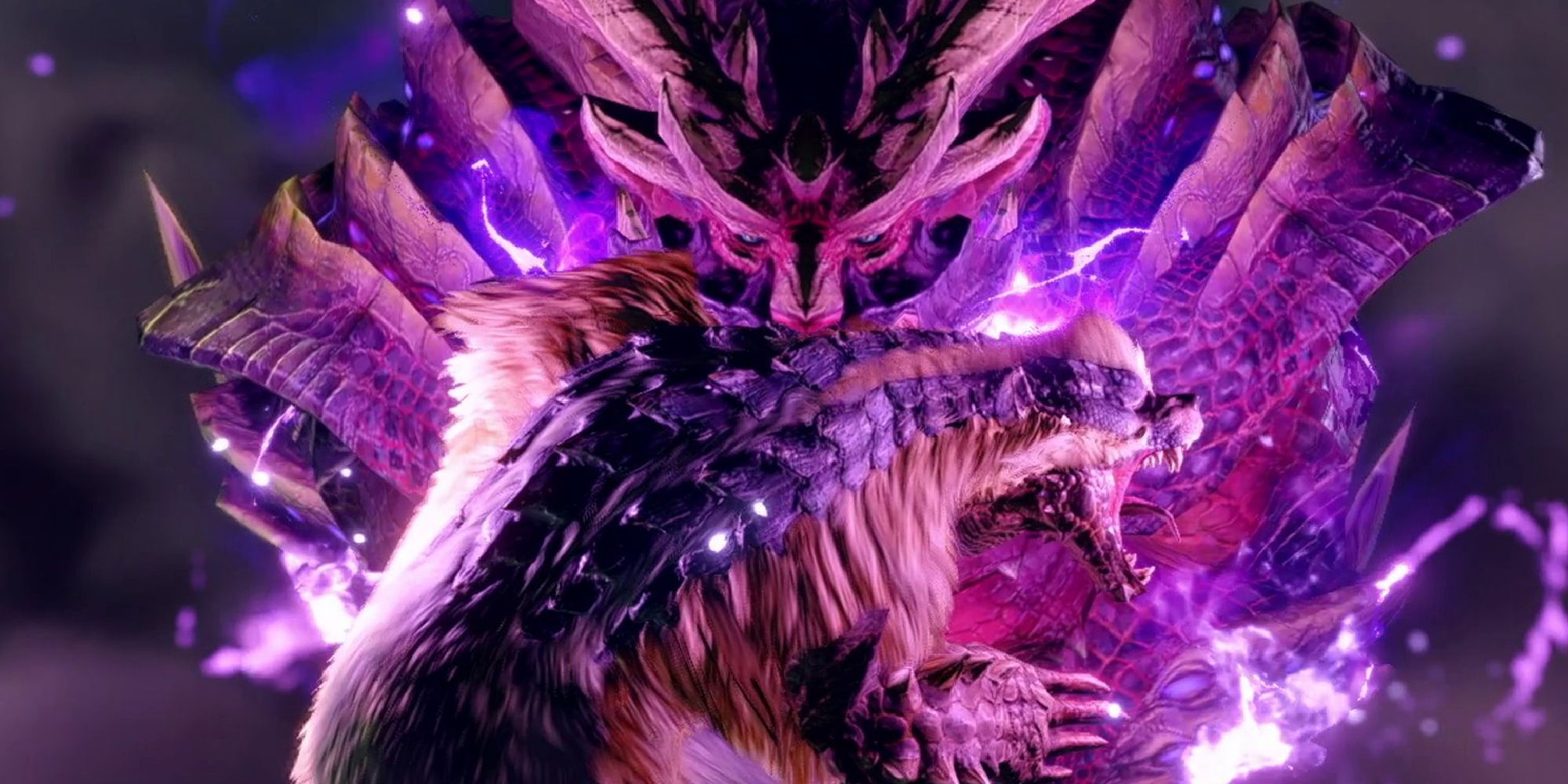 Magnamalo carrying an Arzuros in its mouth in a trailer for MH Rise