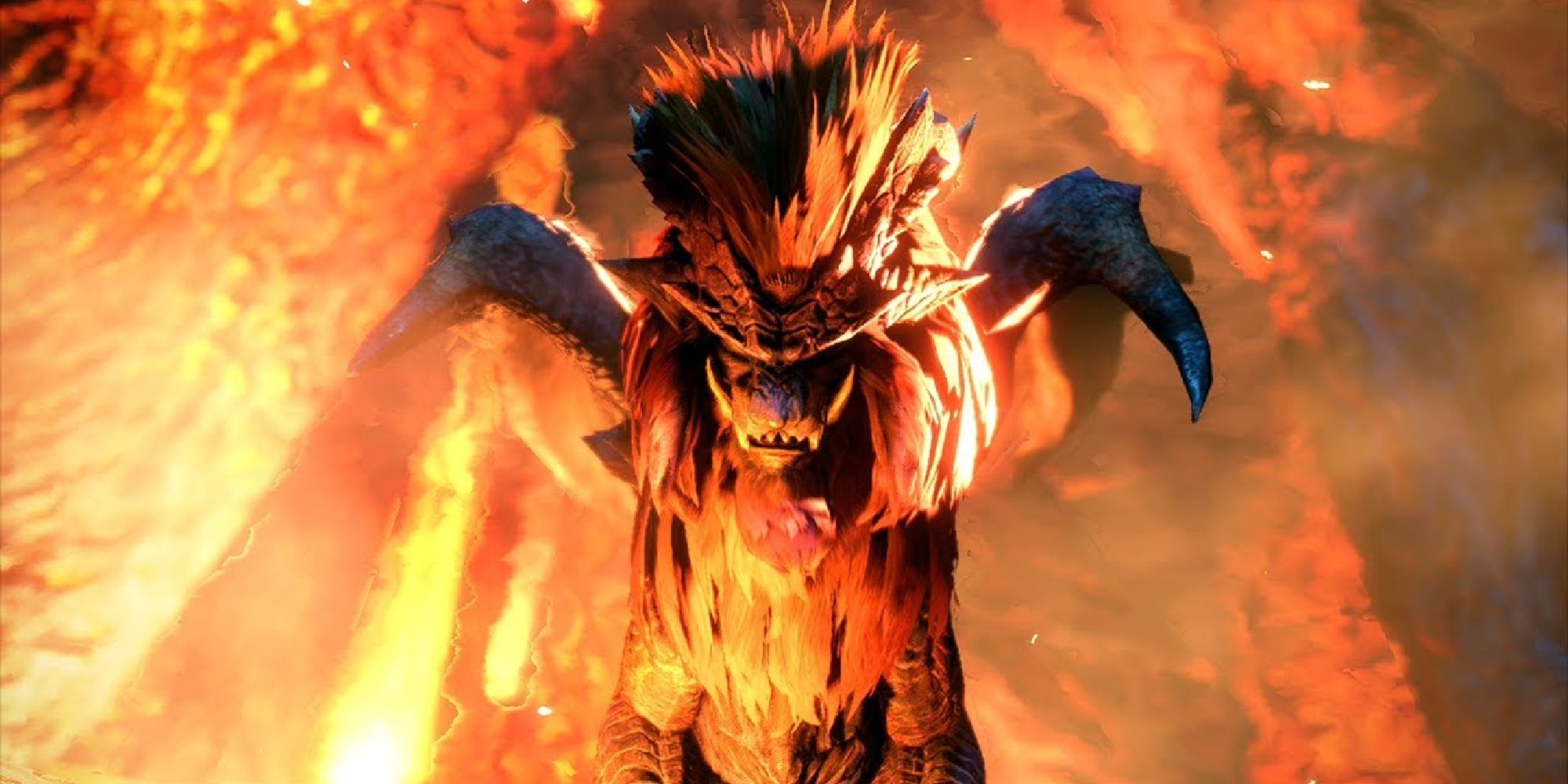 Teostra facing the camera in a volcano in Monster Hunter Rise