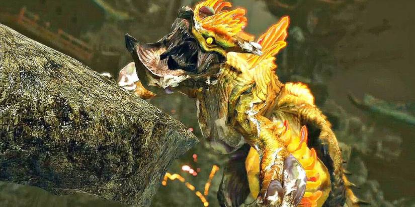 Narwa flying while raising a stone platform in Monster Hunter Rise