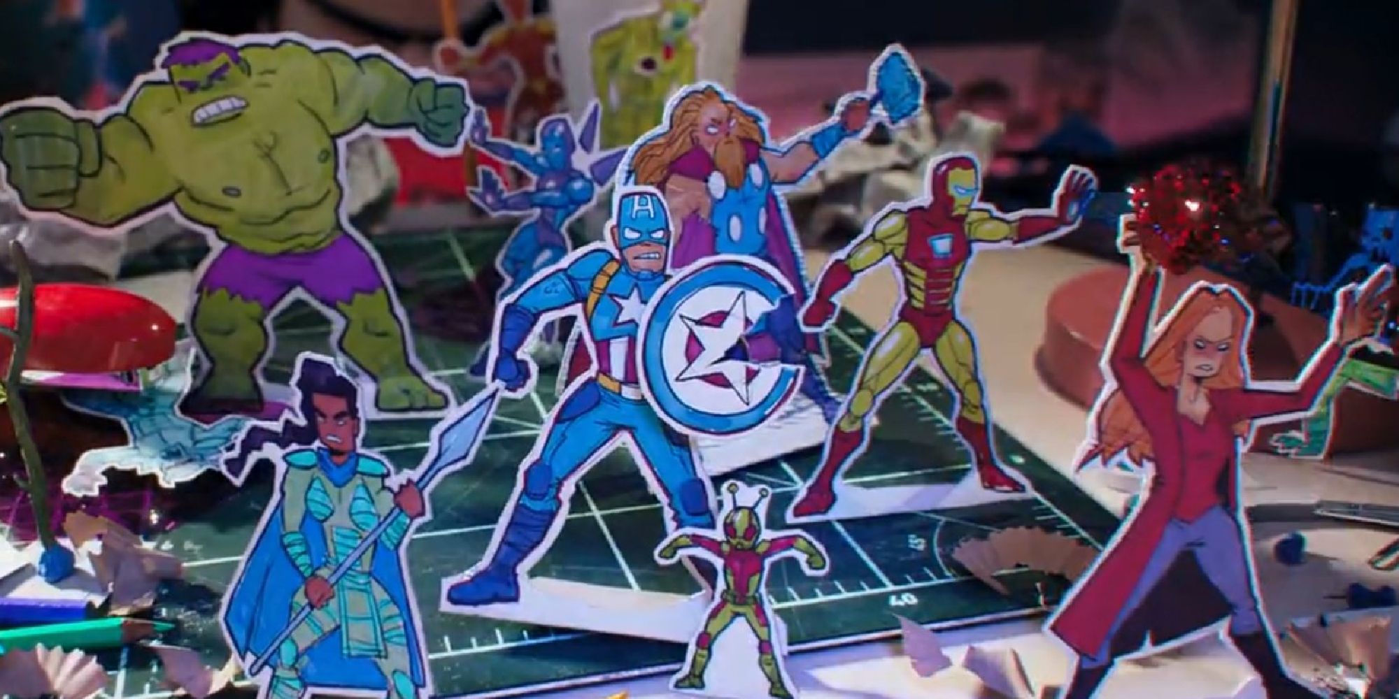 A drawn re-enactment of the Endgame battle with Captain America, Iron Man, Scarlet Witch, Valkyrie, Hulk, Ant Man, Thor, and Rescue