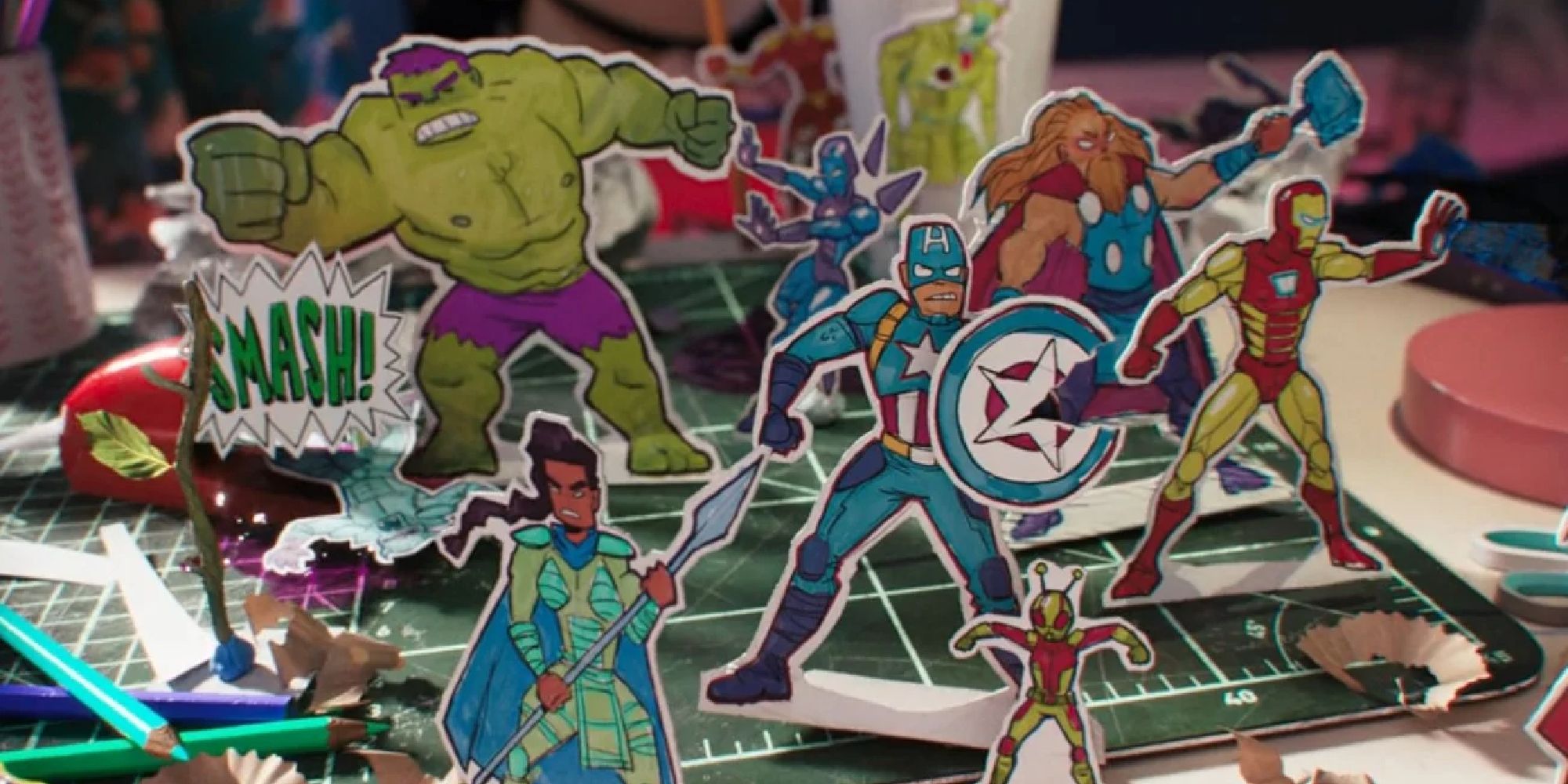 An Endgame recap in Ms. Marvel showing cartoon Valkyrie, Hulk, Rescue, Captain America, Thor, Ant-Man, and Iron Man