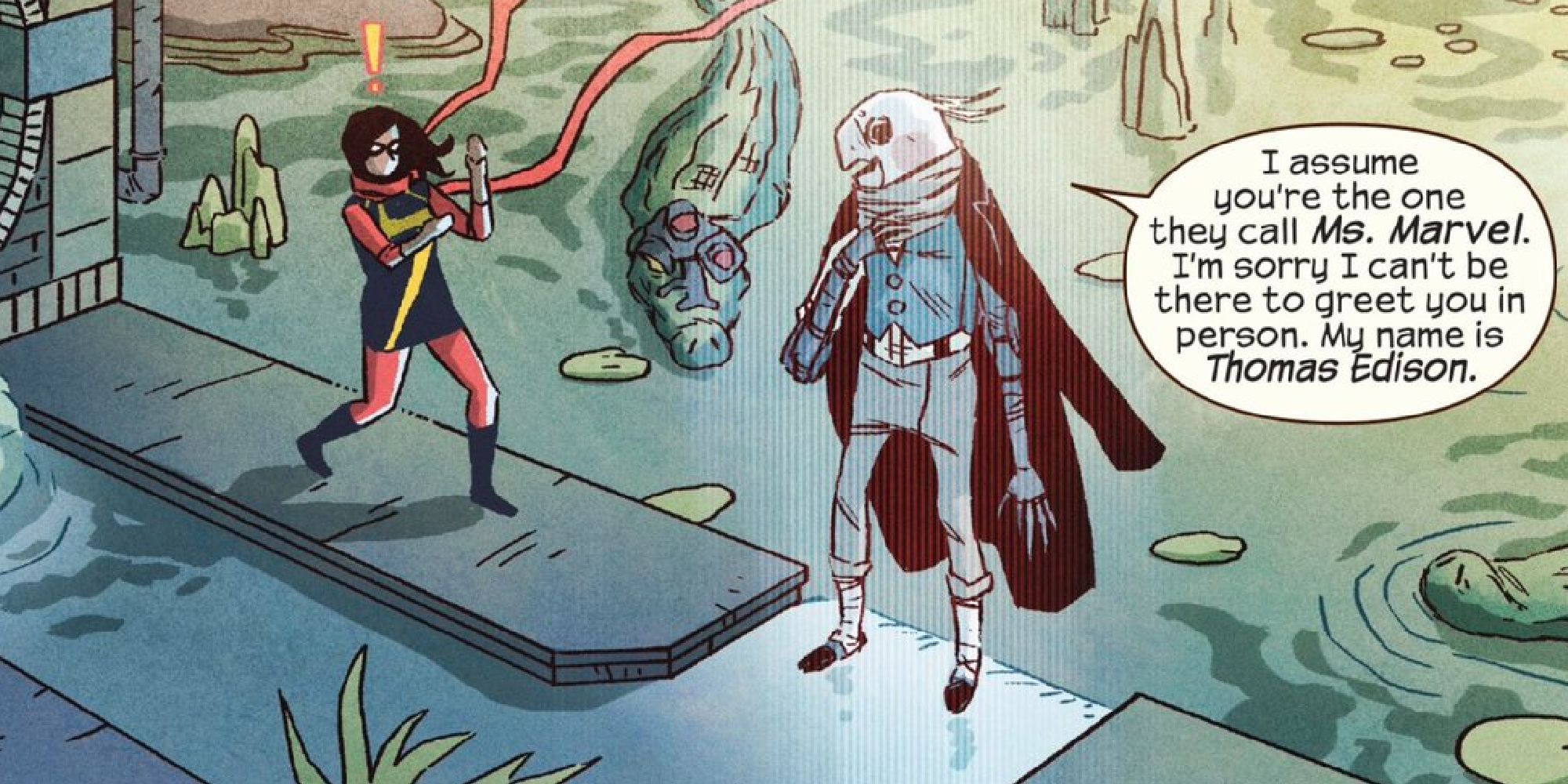 Kamala facing a hologram of the Inventor in a Ms. Marvel comic