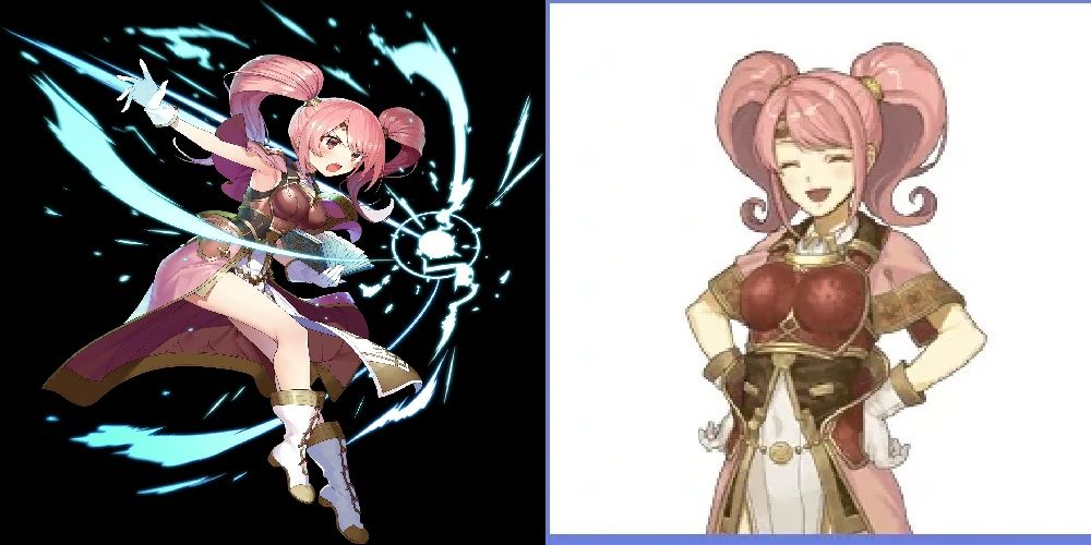 Split imageo of Mae using a skill and Mae's in-game portrait in Fire Emblem Echoes Shadows of Valentia