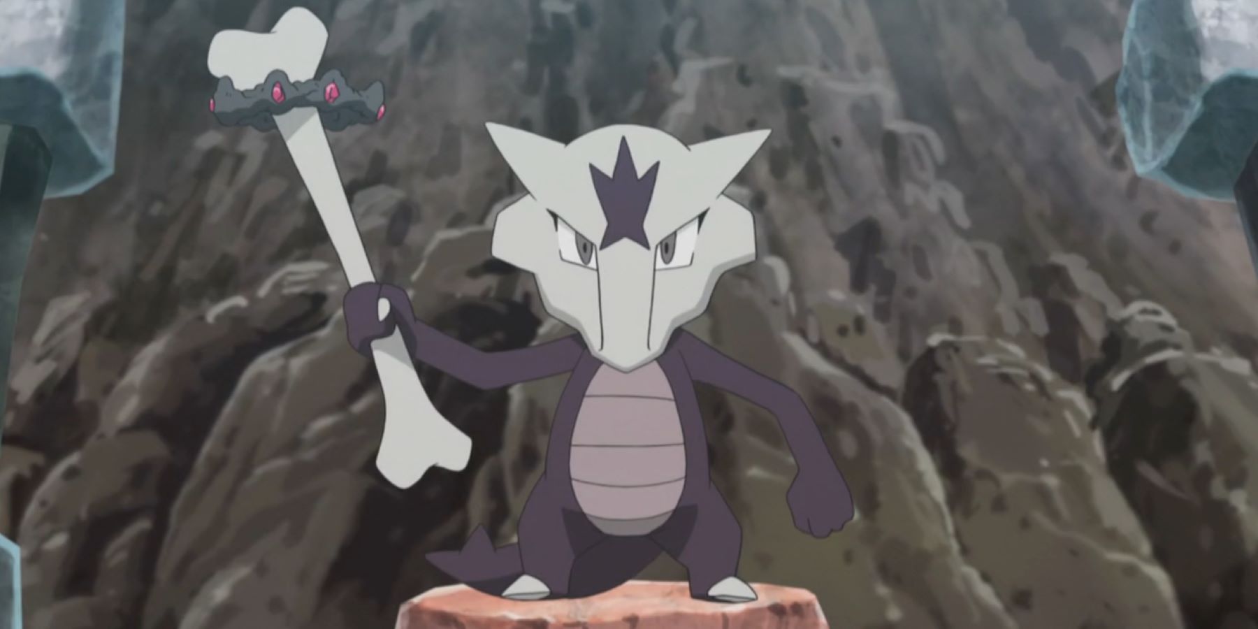 An Alolan Marowak holding its bone up in the Pokemon anime
