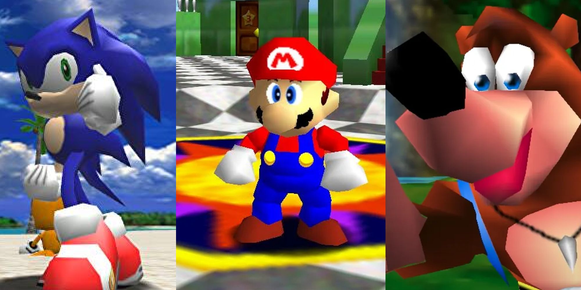 Sonic striking a pose in Sonic Adventure; Mario in Peach's Castle in Super Mario 64; Banjo in the opening cinematic of Banjo-Kazooie