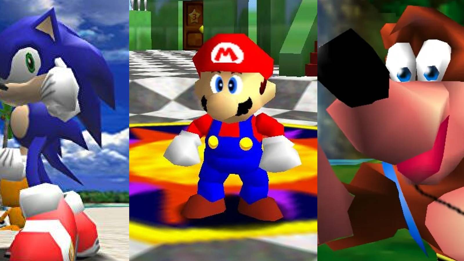 Sonic striking a pose in Sonic Adventure; Mario in Peach's Castle in Super Mario 64; Banjo in the opening cinematic of Banjo-Kazooie
