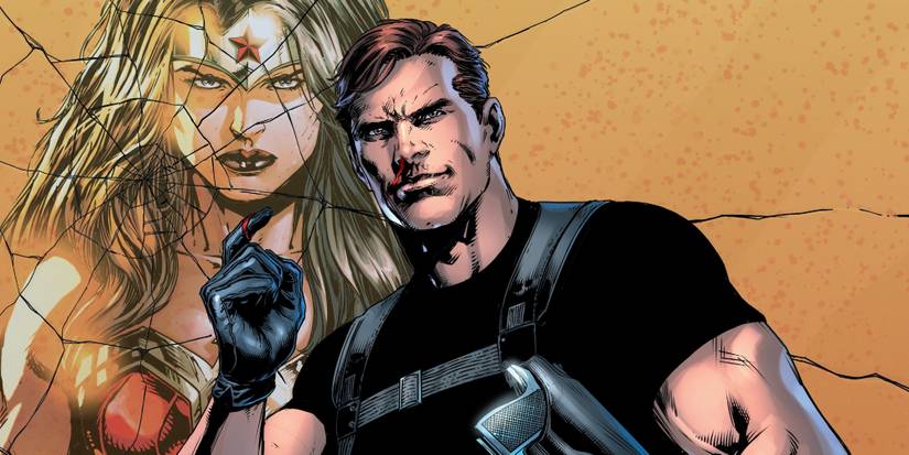 Maxwell Lord in front of a cracked screen of Wonder Woman