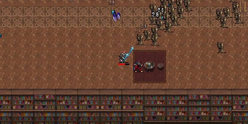 Meeting the merchant in the Inlaid Library in Vampire Survivors