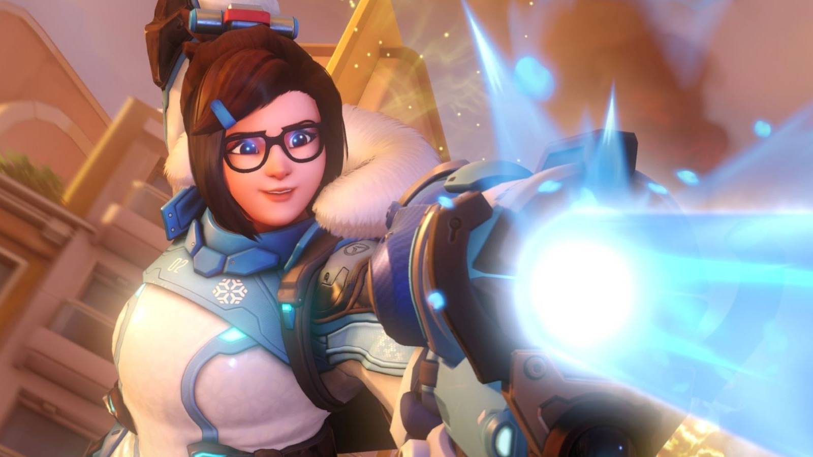 Close up of Mei firing her ice blaster in Overwatch 2