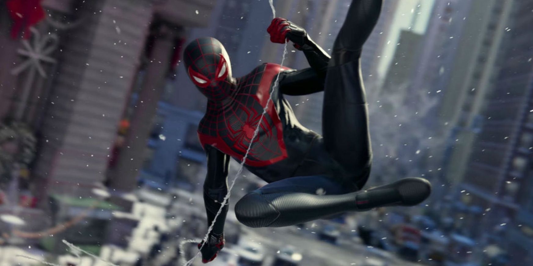 Miles Morales swinging through Manhattan on a web in the game Spider-Man 