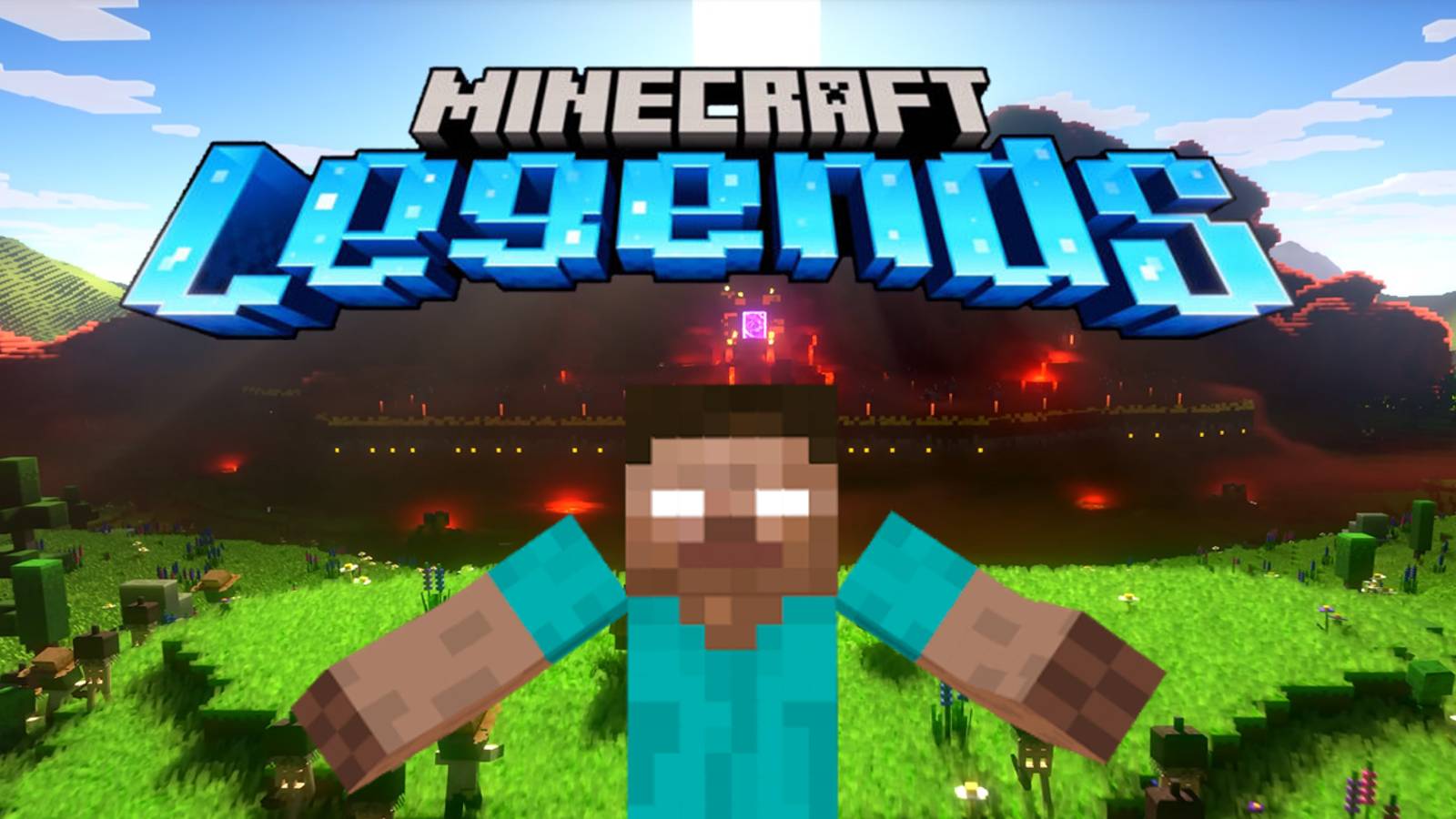 Minecraft overworld battle against the Nether with Herobrine overlaid