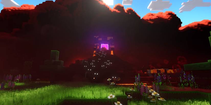 Piglins emerge from a Nether portal in Minecraft