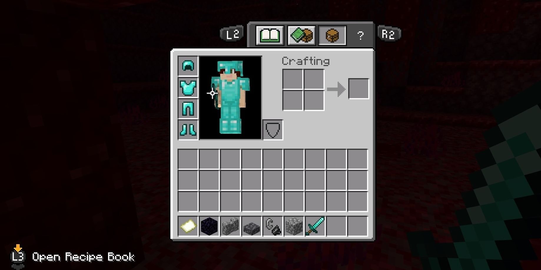 The inventory screen of Minecraft showing a player in full diamond armor