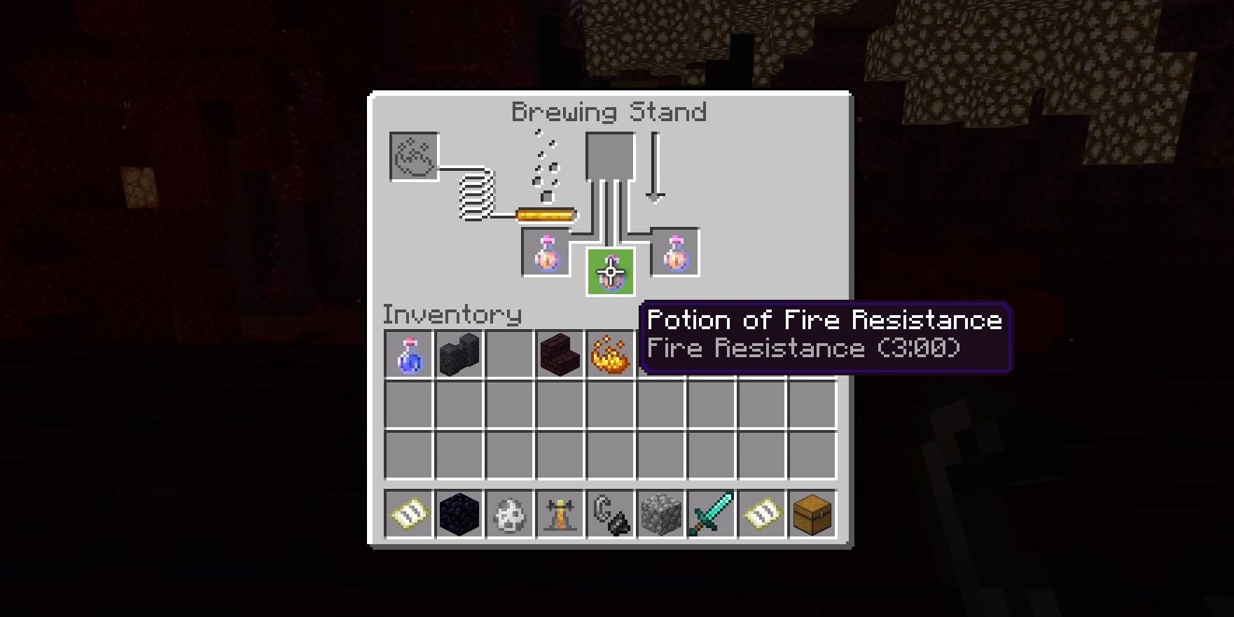 A player brewing fire resistance potions at a brewing stand in Minecraft