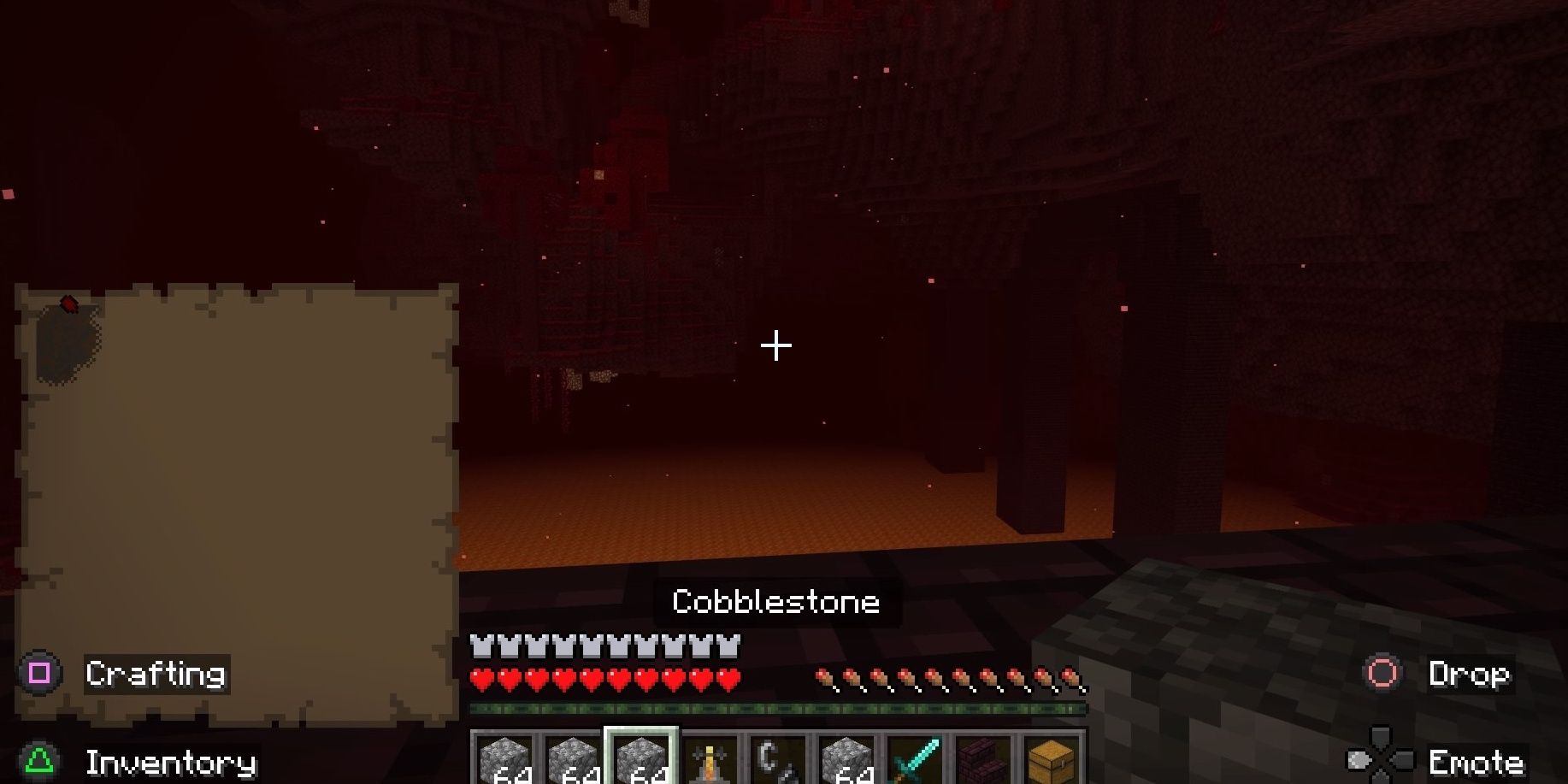A players hot bar in Minecraft showing they holding four stacks of cobblestone in the Nether