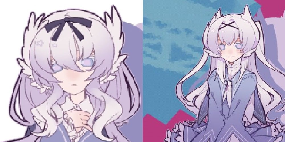 Split image of Miumi's portrait and Miumi as she appears in 1bitHeart