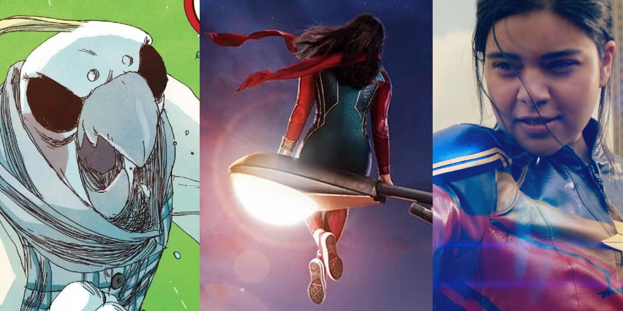 The Inventor appearing in a Ms. Marvel comic; Kamala Khan sitting on a streetlight on the Ms Marvel poster; Iman Vellani as Ms Marvel using her powers