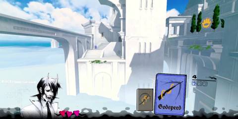 lots of white buildings with foliage scattered throughout. a thing bridge extends over a gap on the right, and in midair on the left is a floating, orange hand with a hole in the middle. At the bottom of the screen is a blue card with the word Godspeed on it, and in the bottom left is a picture of neon white, a man with dark hair, a demon mask, and a white coat. 