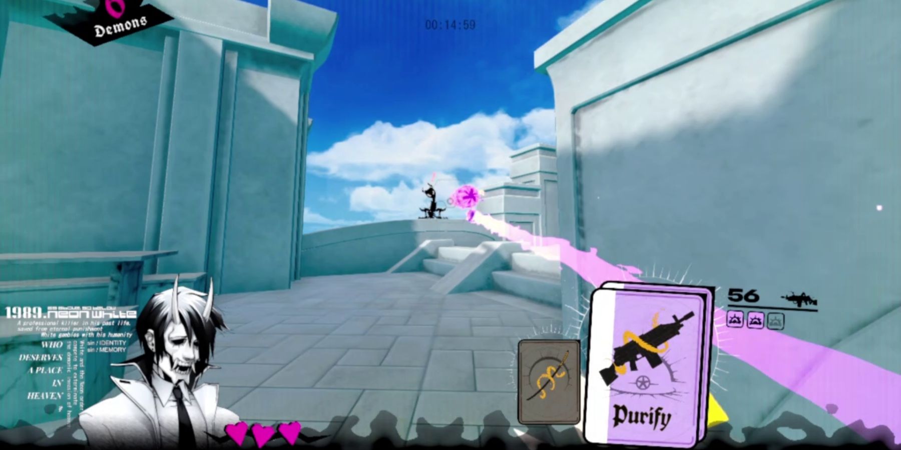 a shadowy figure sits on a pedestal a short way away from the player. a purple energy ball is flying in the player's direction, but a bullet leaving a purple trail is flying toward the energy ball. on the bottom right side of the screen is a purple card with the name Purify on it. In the bottom left corner is a picture of a dark-haired man in a demon mask, white coat, and black tie. 