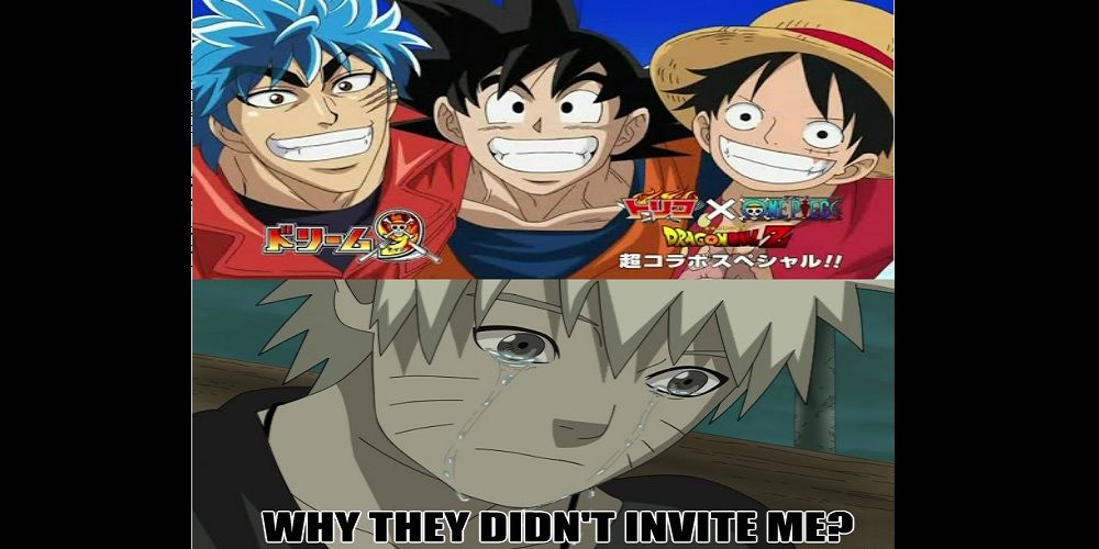 Split image of the Toriko x Dragon Ball Z x One Piece crossover promo and Naruto crying