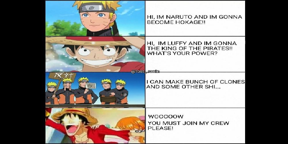 Meme image of Naruto and Luffy's reactions upon meeting each other