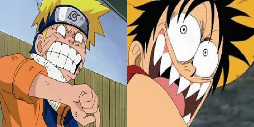 Split image of Naruto and Luffy's face faults from Naruto and One Piece respectively