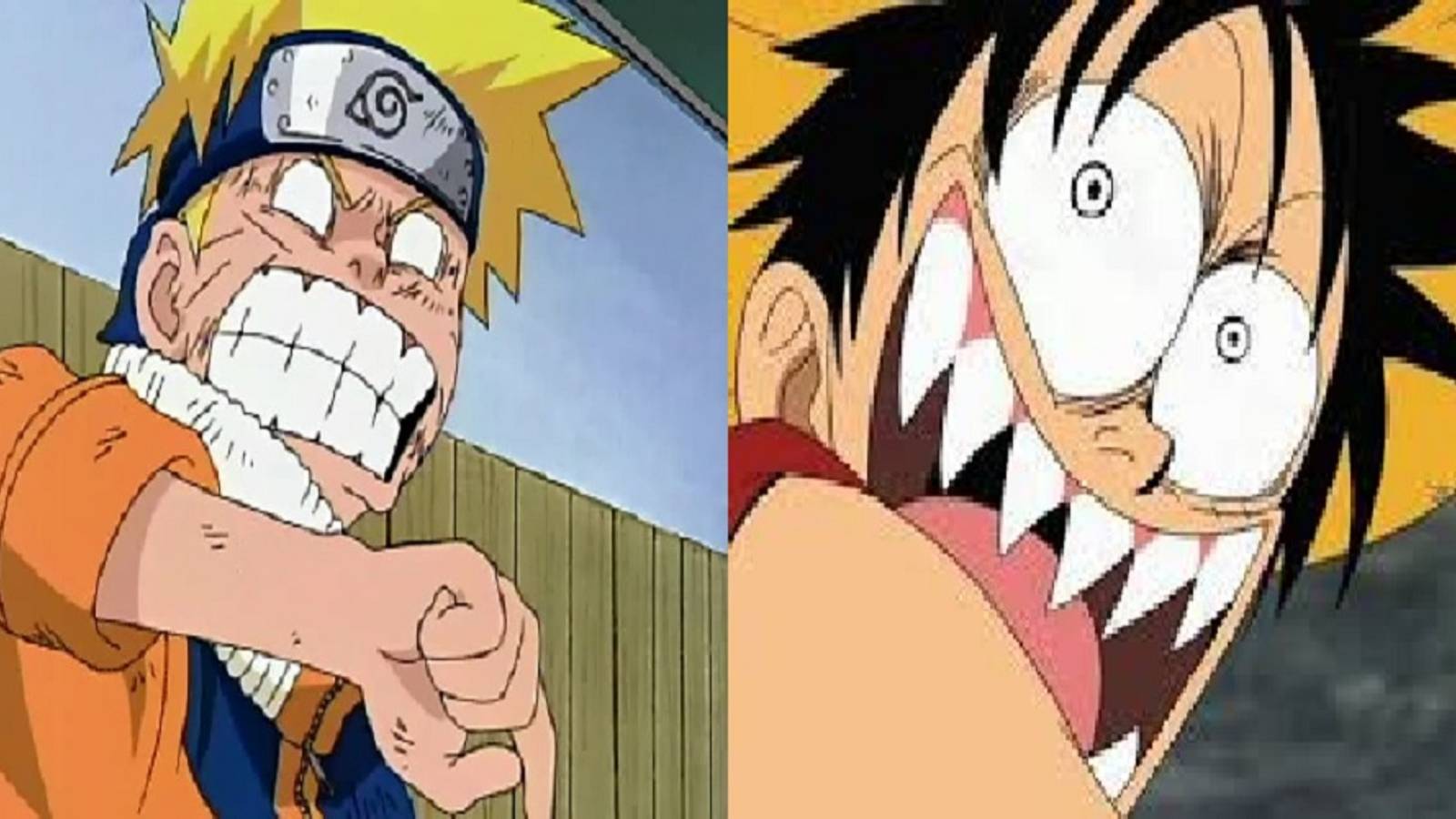 Split image of Naruto and Luffy's face faults from Naruto and One Piece respectively