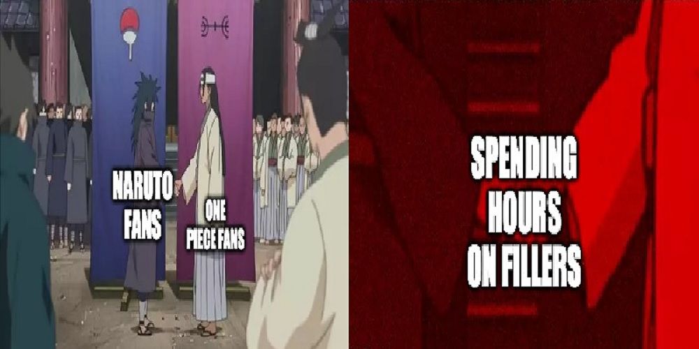 Split image of the Madara-Hashirama meme depicting One Piece and Naruto fans