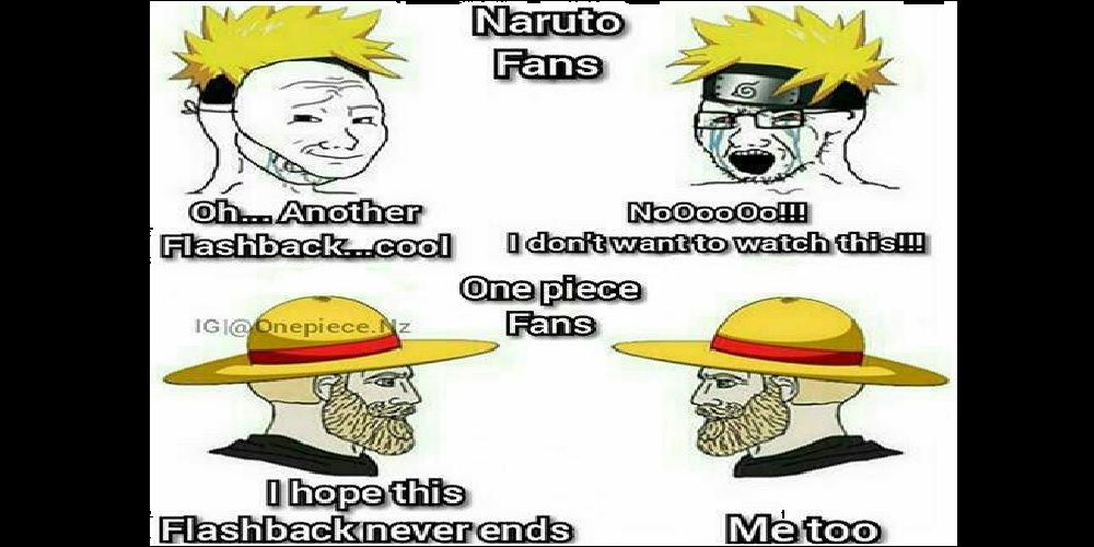 Image of the Wojak meme reacting to Naruto and One Piece flashbacks